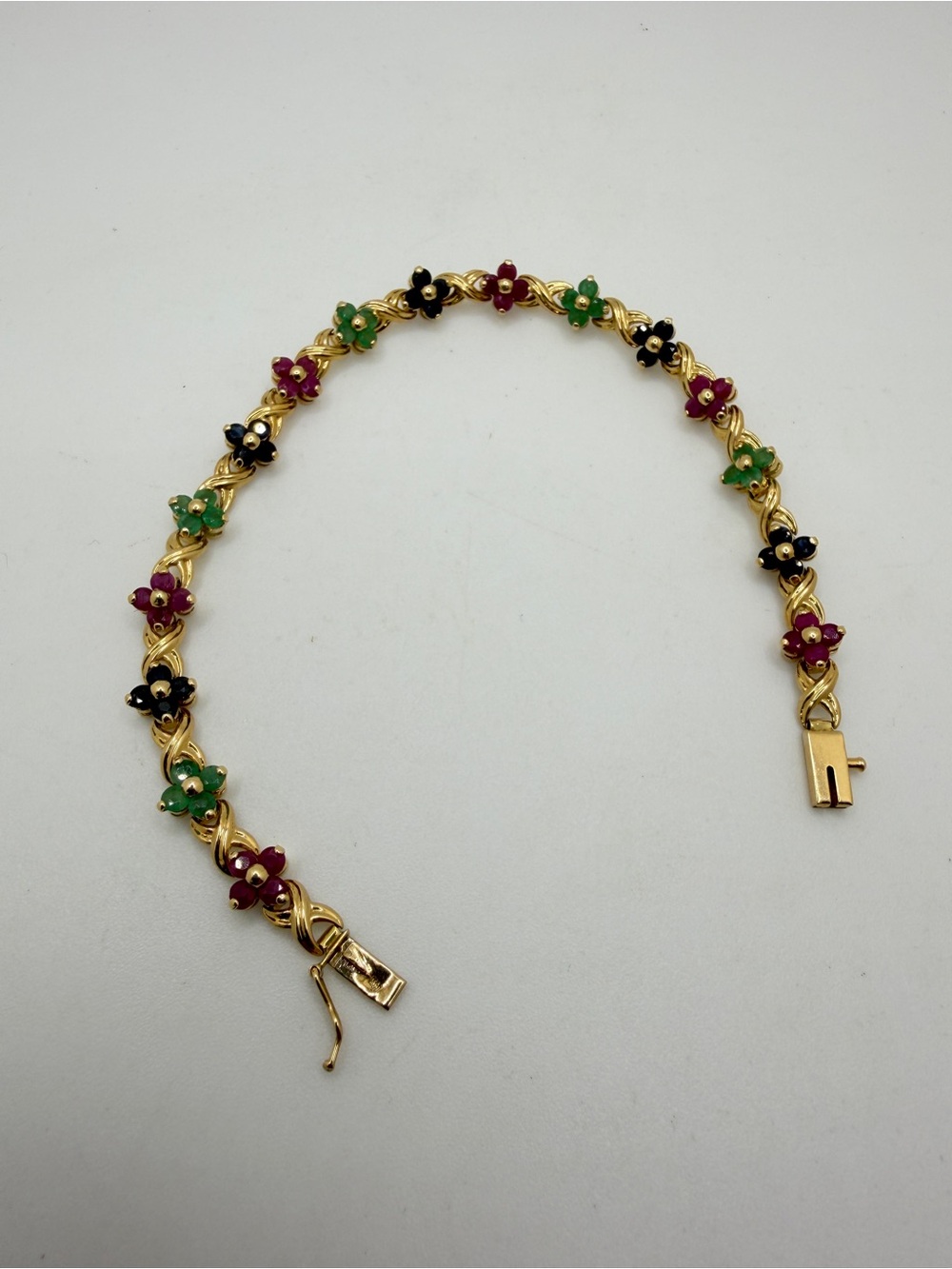 7" Vintage 4.84ctw Ruby, Sapphire, Emerald Flower Tennis Bracelet‎ in 14kt YG!
